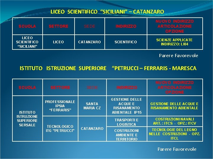 LICEO SCIENTIFICO “SICILIANI” – CATANZARO SCUOLA SETTORE SEDE INDIRIZZO NUOVO INDIRIZZO ARTICOLAZIONE OPZIONE LICEO