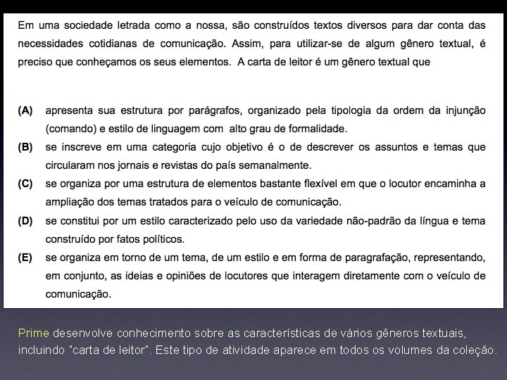 Prime desenvolve conhecimento sobre as características de vários gêneros textuais, incluindo “carta de leitor”. Prime desenvolve conhecimento sobre as características de vários gêneros textuais, incluindo “carta de leitor”.