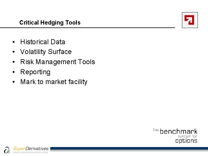 Critical Hedging Tools • • • Historical Data Volatility Surface Risk Management Tools Reporting