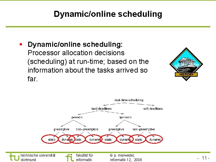 TU Dortmund Dynamic/online scheduling § Dynamic/online scheduling: Processor allocation decisions (scheduling) at run-time; based