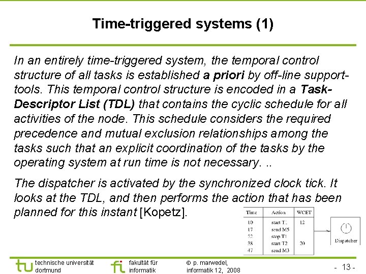 TU Dortmund Time-triggered systems (1) In an entirely time-triggered system, the temporal control structure