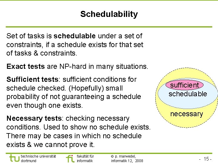 TU Dortmund Schedulability Set of tasks is schedulable under a set of constraints, if