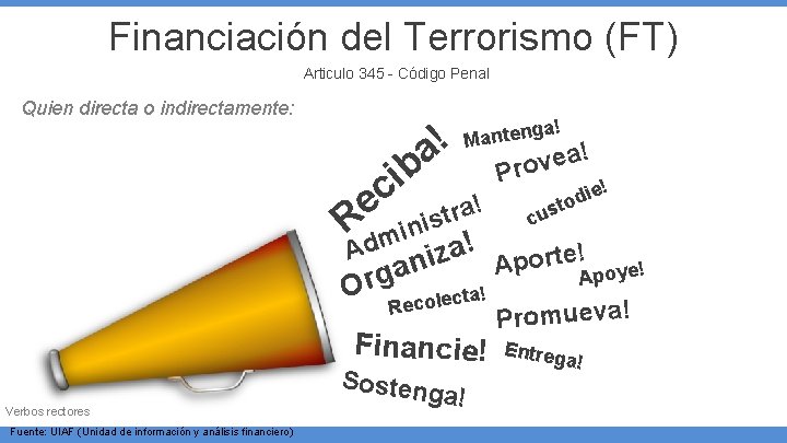 Financiación del Terrorismo (FT) Articulo 345 - Código Penal Quien directa o indirectamente: ! Financiación del Terrorismo (FT) Articulo 345 - Código Penal Quien directa o indirectamente: !