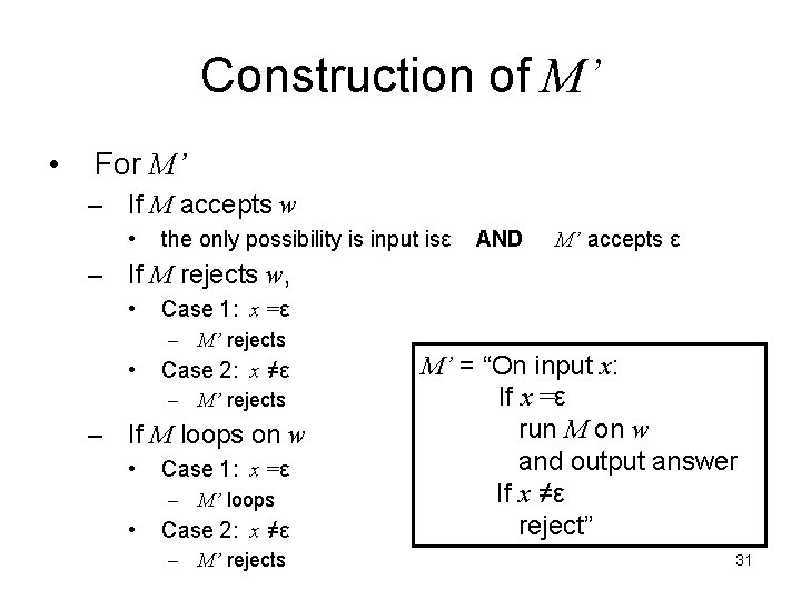 Construction of M’ • For M’ – If M accepts w • the only