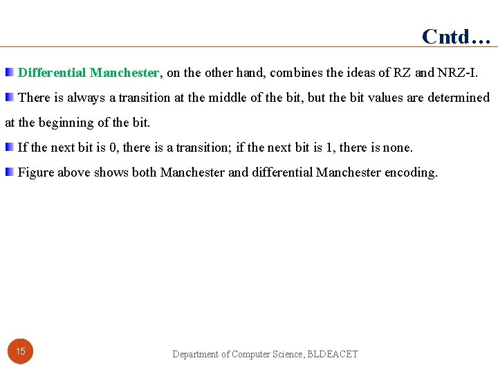 Cntd… Differential Manchester, on the other hand, combines the ideas of RZ and NRZ-I.