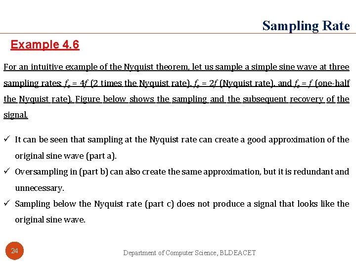 Sampling Rate Example 4. 6 For an intuitive example of the Nyquist theorem, let