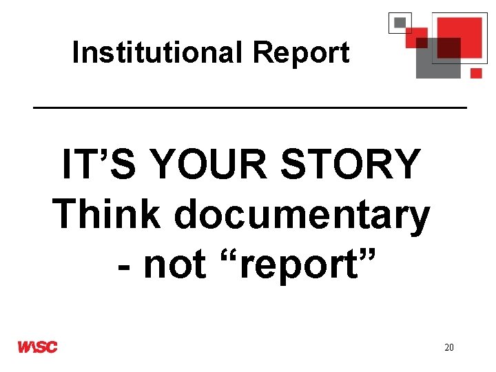 Institutional Report IT’S YOUR STORY Think documentary - not “report” 20 