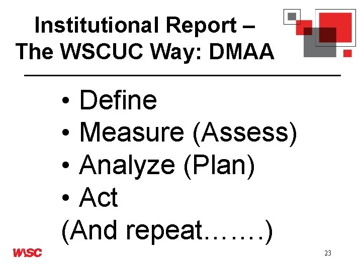 Institutional Report – The WSCUC Way: DMAA • Define • Measure (Assess) • Analyze