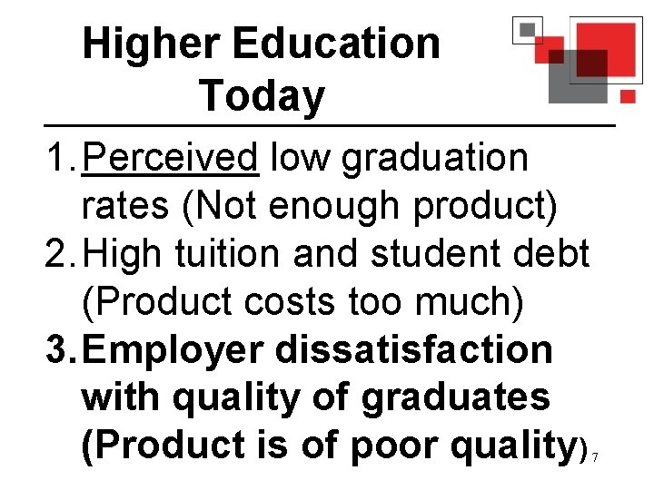 Higher Education Today 1. Perceived low graduation rates (Not enough product) 2. High tuition