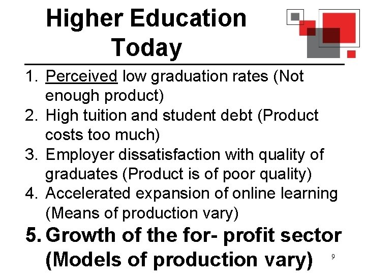 Higher Education Today 1. Perceived low graduation rates (Not enough product) 2. High tuition