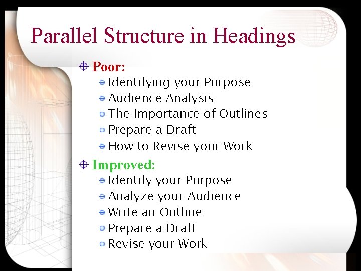 Parallel Structure in Headings Poor: Identifying your Purpose Audience Analysis The Importance of Outlines