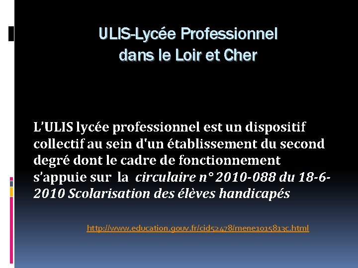 ULIS-Lycée Professionnel dans le Loir et Cher L’ULIS lycée professionnel est un dispositif collectif