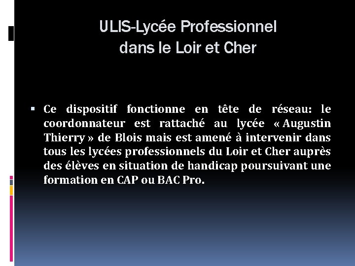 ULIS-Lycée Professionnel dans le Loir et Cher Ce dispositif fonctionne en tête de réseau: