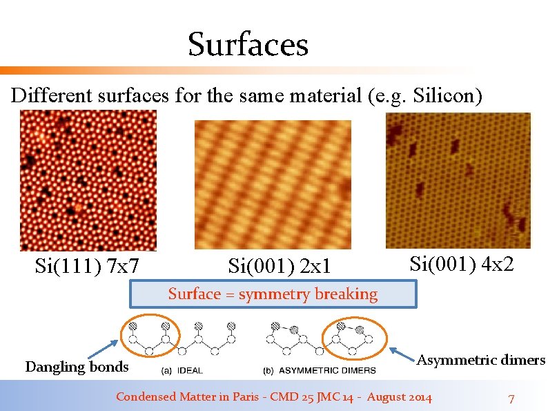 Surfaces Different surfaces for the same material (e. g. Silicon) Si(111) 7 x 7 Surfaces Different surfaces for the same material (e. g. Silicon) Si(111) 7 x 7