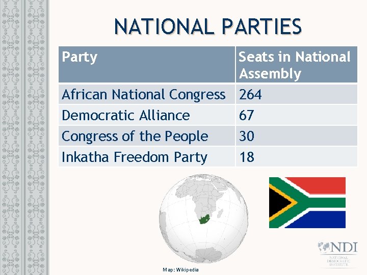 NATIONAL PARTIES Party Seats in National Assembly African National Congress 264 Democratic Alliance 67