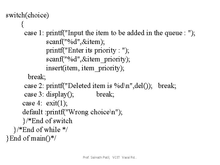 switch(choice) { case 1: printf("Input the item to be added in the queue :