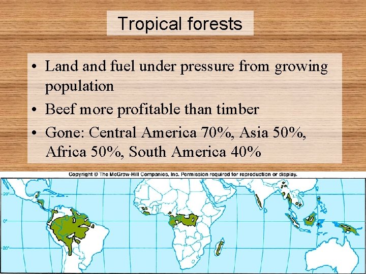 Tropical forests • Land fuel under pressure from growing population • Beef more profitable