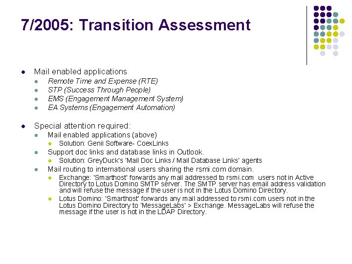 7/2005: Transition Assessment l Mail enabled applications l l l Remote Time and Expense