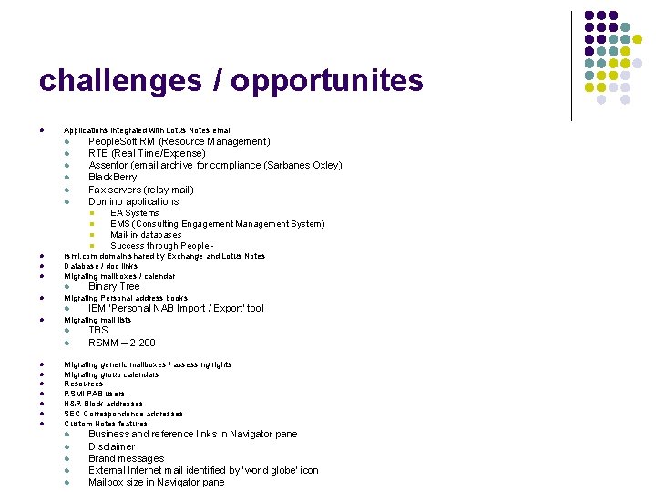 challenges / opportunites l Applications integrated with Lotus Notes email l l l People.