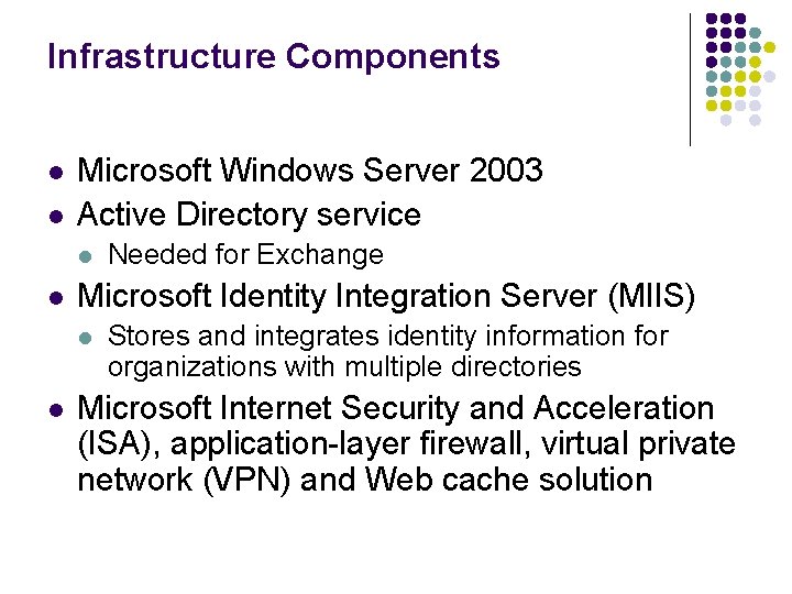 Infrastructure Components l l Microsoft Windows Server 2003 Active Directory service l l Microsoft
