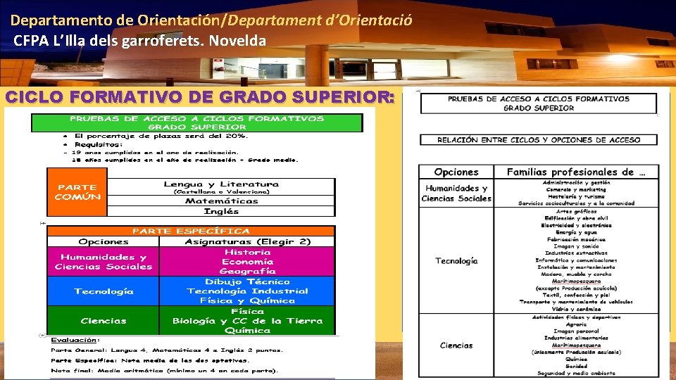 Departamento de Orientación/Departament d’Orientació CFPA L’Illa dels garroferets. Novelda CICLO FORMATIVO DE GRADO SUPERIOR: