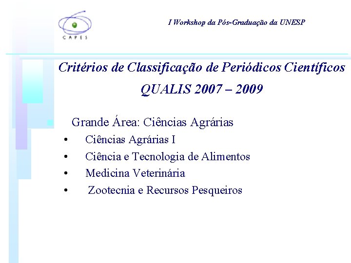 I Workshop da Pós-Graduação da UNESP Critérios de Classificação de Periódicos Científicos QUALIS 2007 I Workshop da Pós-Graduação da UNESP Critérios de Classificação de Periódicos Científicos QUALIS 2007