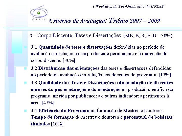 I Workshop da Pós-Graduação da UNESP Critérios de Avaliação: Triênio 2007 – 2009 3 I Workshop da Pós-Graduação da UNESP Critérios de Avaliação: Triênio 2007 – 2009 3