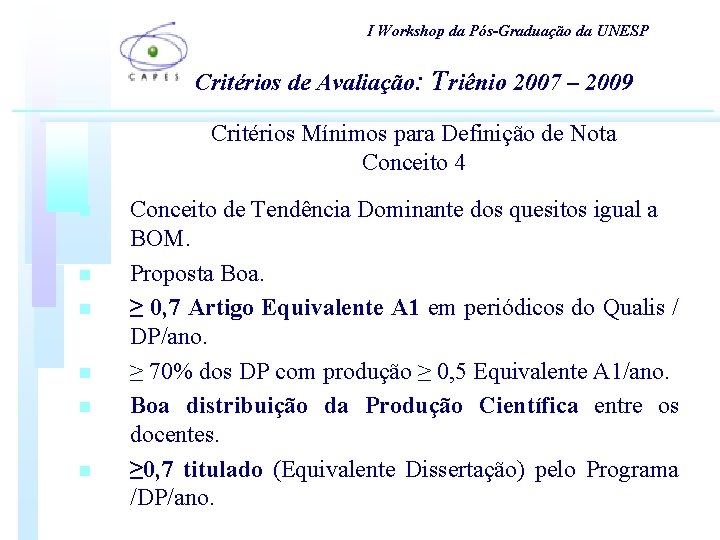 I Workshop da Pós-Graduação da UNESP Critérios de Avaliação: Triênio 2007 – 2009 Critérios I Workshop da Pós-Graduação da UNESP Critérios de Avaliação: Triênio 2007 – 2009 Critérios