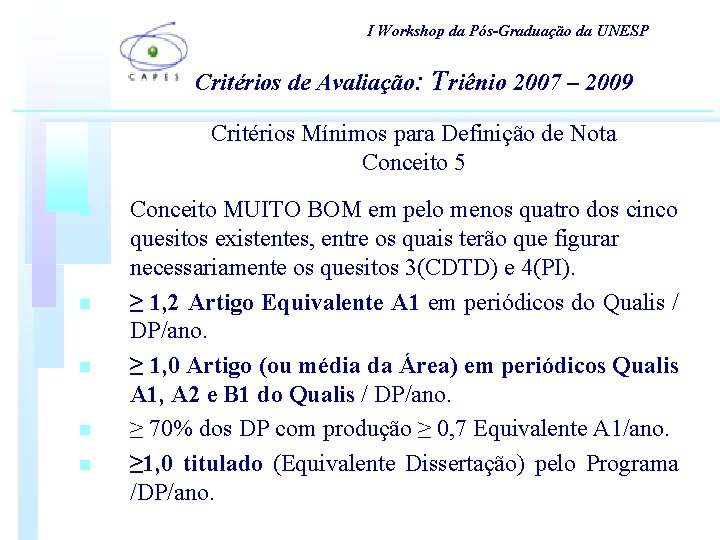 I Workshop da Pós-Graduação da UNESP Critérios de Avaliação: Triênio 2007 – 2009 Critérios I Workshop da Pós-Graduação da UNESP Critérios de Avaliação: Triênio 2007 – 2009 Critérios