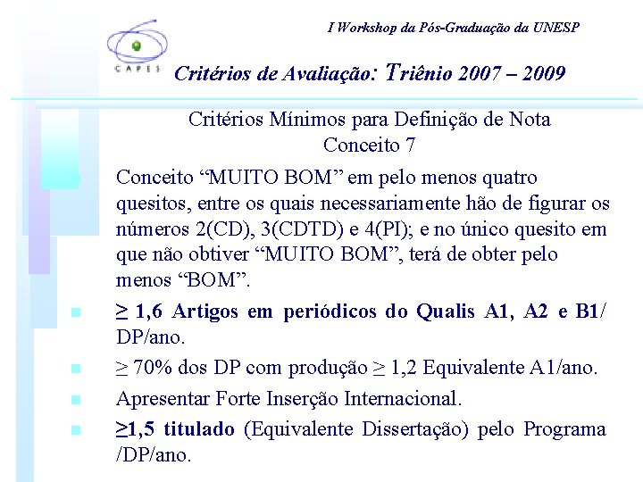 I Workshop da Pós-Graduação da UNESP Critérios de Avaliação: Triênio 2007 – 2009 n I Workshop da Pós-Graduação da UNESP Critérios de Avaliação: Triênio 2007 – 2009 n