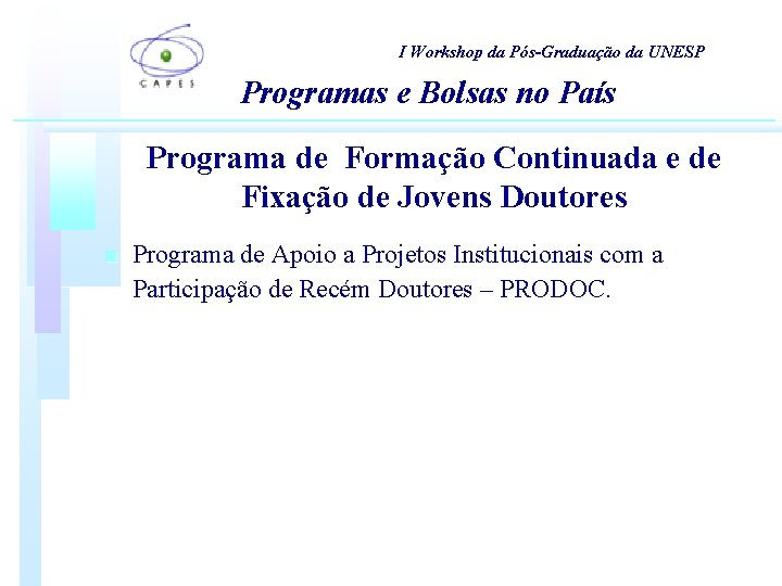 I Workshop da Pós-Graduação da UNESP Programas e Bolsas no País Programa de Formação I Workshop da Pós-Graduação da UNESP Programas e Bolsas no País Programa de Formação