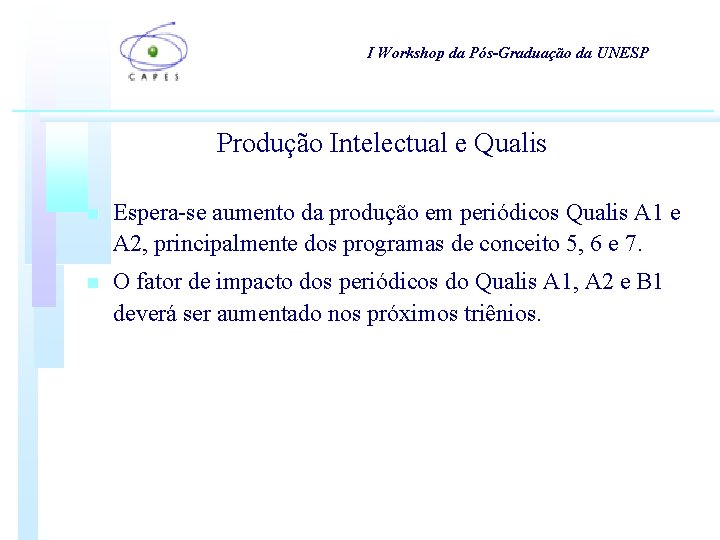 I Workshop da Pós-Graduação da UNESP Produção Intelectual e Qualis n Espera-se aumento da I Workshop da Pós-Graduação da UNESP Produção Intelectual e Qualis n Espera-se aumento da