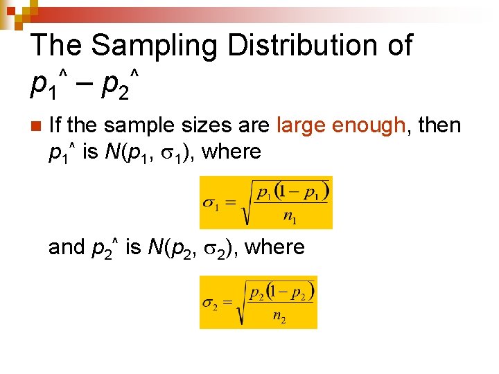 The Sampling Distribution of ^ ^ p 1 – p 2 n If the
