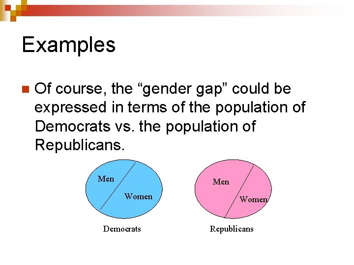 Examples n Of course, the “gender gap” could be expressed in terms of the