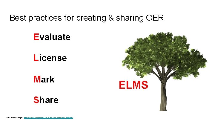 Best practices for creating & sharing OER Evaluate License Mark Share Public domain images: