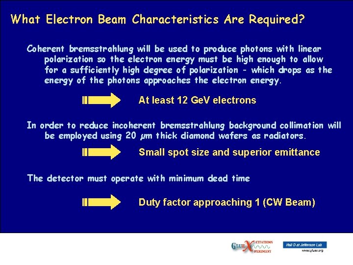 What Electron Beam Characteristics Are Required? Coherent bremsstrahlung will be used to produce photons