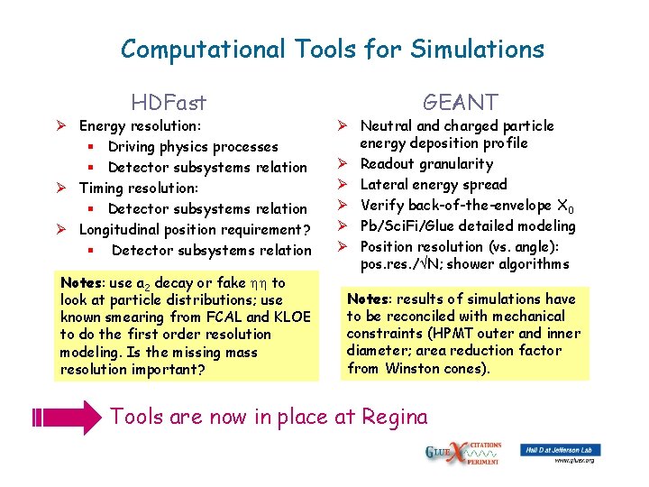 Computational Tools for Simulations HDFast Ø Energy resolution: § Driving physics processes § Detector