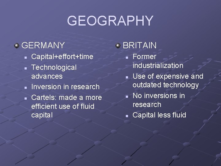 GEOGRAPHY GERMANY n n Capital+effort+time Technological advances Inversion in research Cartels: made a more