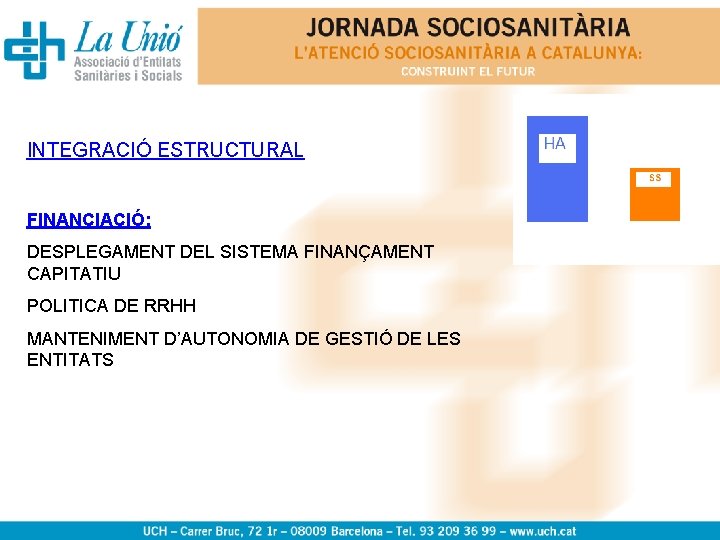 INTEGRACIÓ ESTRUCTURAL FINANCIACIÓ: DESPLEGAMENT DEL SISTEMA FINANÇAMENT CAPITATIU POLITICA DE RRHH MANTENIMENT D’AUTONOMIA DE