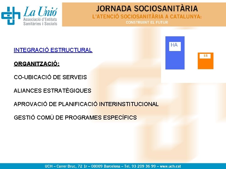 INTEGRACIÓ ESTRUCTURAL ORGANITZACIÓ: CO-UBICACIÓ DE SERVEIS ALIANCES ESTRATÈGIQUES APROVACIÓ DE PLANIFICACIÓ INTERINSTITUCIONAL GESTIÓ COMÚ