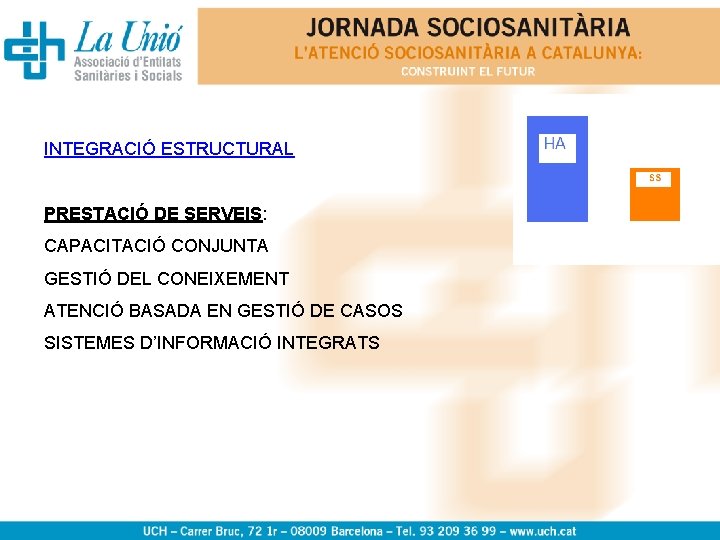 INTEGRACIÓ ESTRUCTURAL PRESTACIÓ DE SERVEIS: CAPACITACIÓ CONJUNTA GESTIÓ DEL CONEIXEMENT ATENCIÓ BASADA EN GESTIÓ