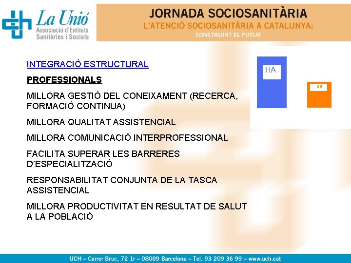 INTEGRACIÓ ESTRUCTURAL PROFESSIONALS MILLORA GESTIÓ DEL CONEIXAMENT (RECERCA, FORMACIÓ CONTINUA) MILLORA QUALITAT ASSISTENCIAL MILLORA