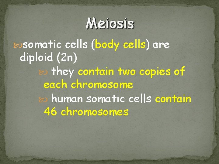 Meiosis somatic cells (body cells) are diploid (2 n) they contain two copies of