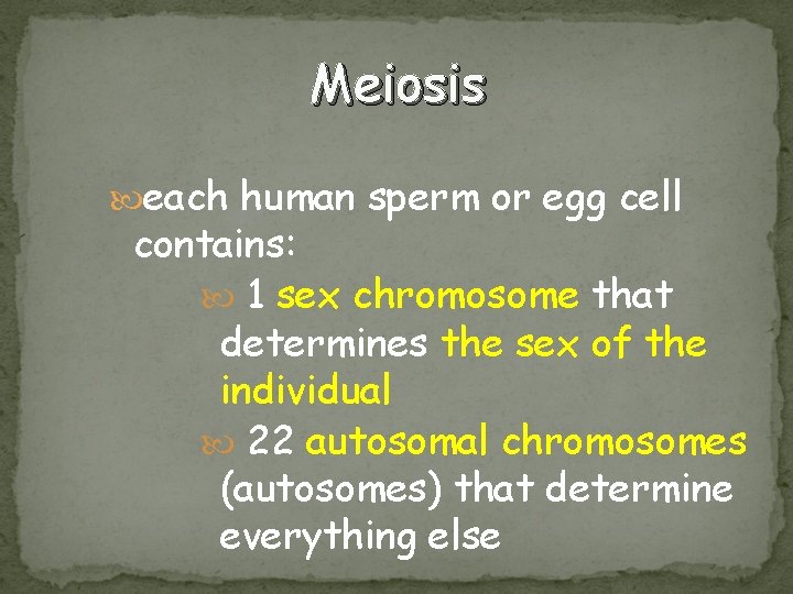Meiosis each human sperm or egg cell contains: 1 sex chromosome that determines the
