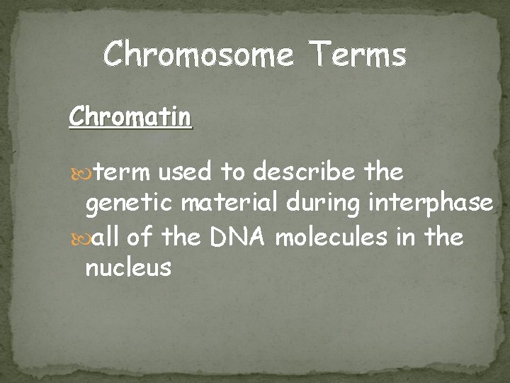 Chromosome Terms Chromatin term used to describe the genetic material during interphase all of