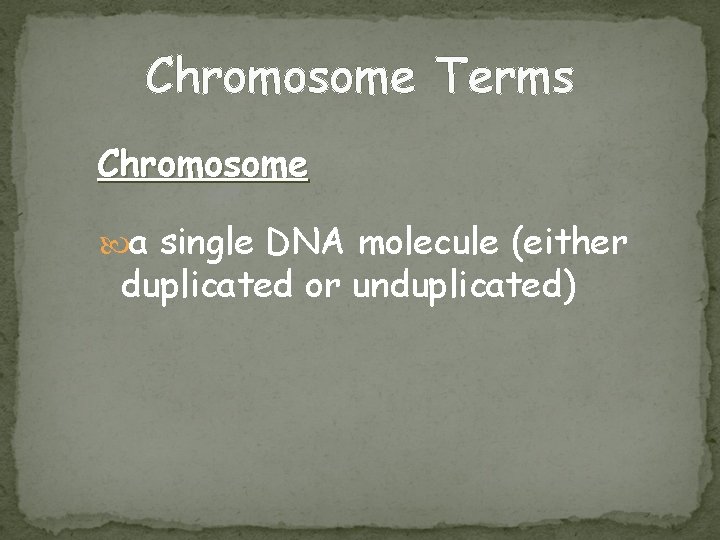 Chromosome Terms Chromosome a single DNA molecule (either duplicated or unduplicated) 