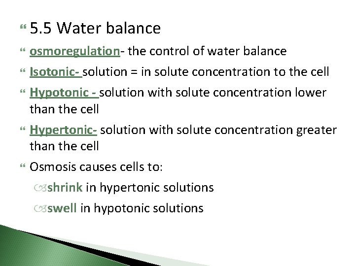  5. 5 Water balance osmoregulation- the control of water balance Isotonic- solution =