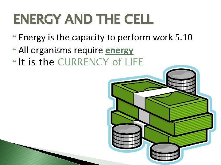 ENERGY AND THE CELL Energy is the capacity to perform work 5. 10 All