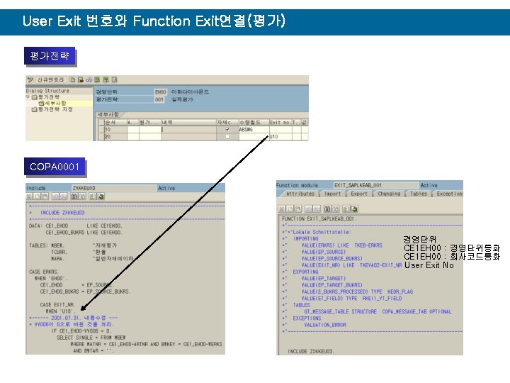 User Exit 번호와 Function Exit연결(평가) 평가전략 COPA 0001 경영단위 CE 1 EH 00 :