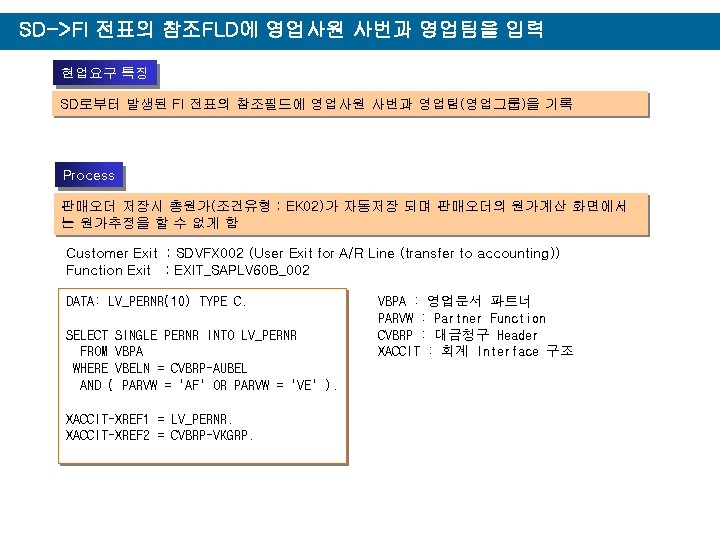 SD->FI 전표의 참조FLD에 영업사원 사번과 영업팀을 입력 현업요구 특징 SD로부터 발생된 FI 전표의 참조필드에